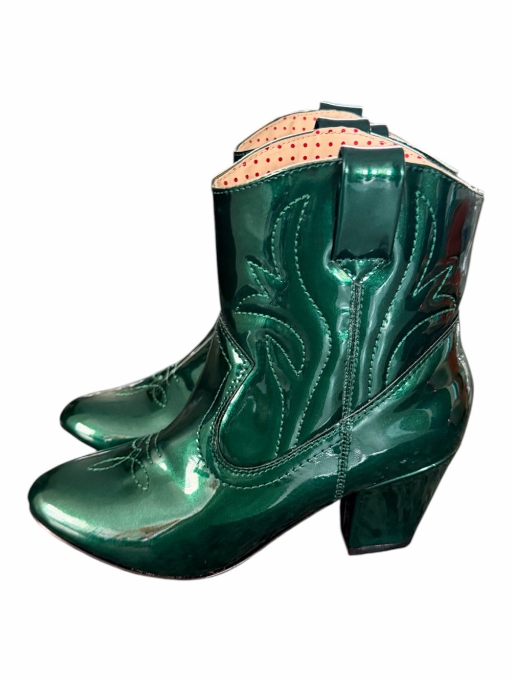 BAIT Footwear Metallic Green Patent Western Cowgirl glossy Ankle Boots Heeled 6